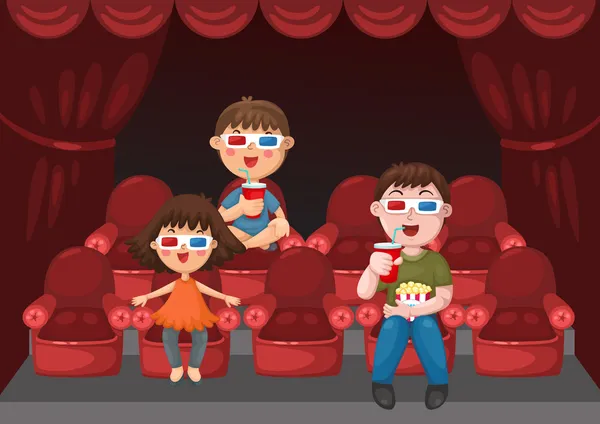 Niños viendo una película con gafas 3D — Vector de stock