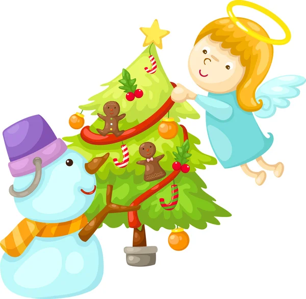 Snowman with angel tree christmas — Stock Vector