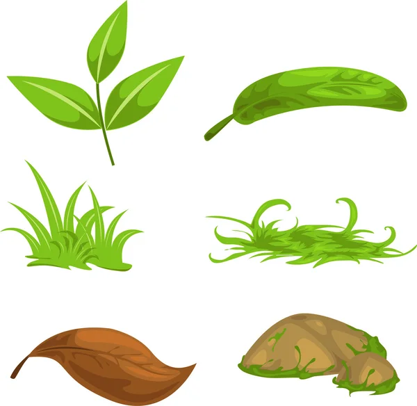 Hojas de té verde y piedra y hierba — Vector de stock