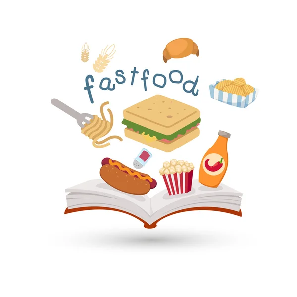 Open book and icons of fast food. — Stock Vector