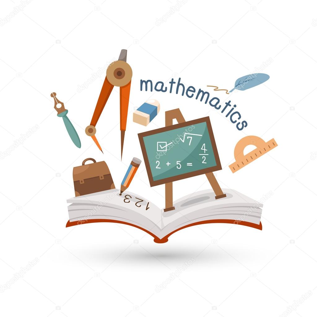 Open book and icons of mathematics