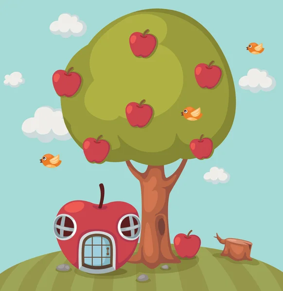那棵大树苹果和苹果的房子 — 图库矢量图片