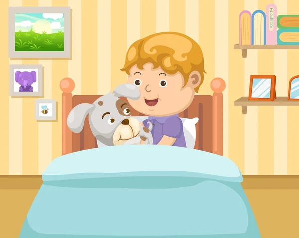 Niño con perro en el dormitorio — Vector de stock