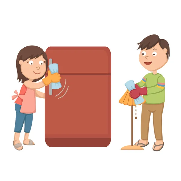 La femme nettoie le réfrigérateur, son mari nettoie la lampe. — Image vectorielle