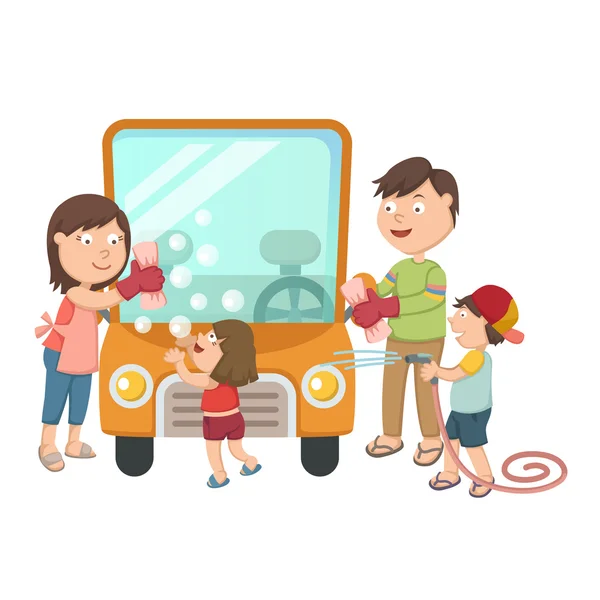 Familia lavando su coche — Vector de stock