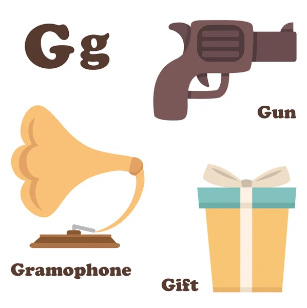 Alphabet G letter.Gift, Gramophone, Gun — стоковый вектор