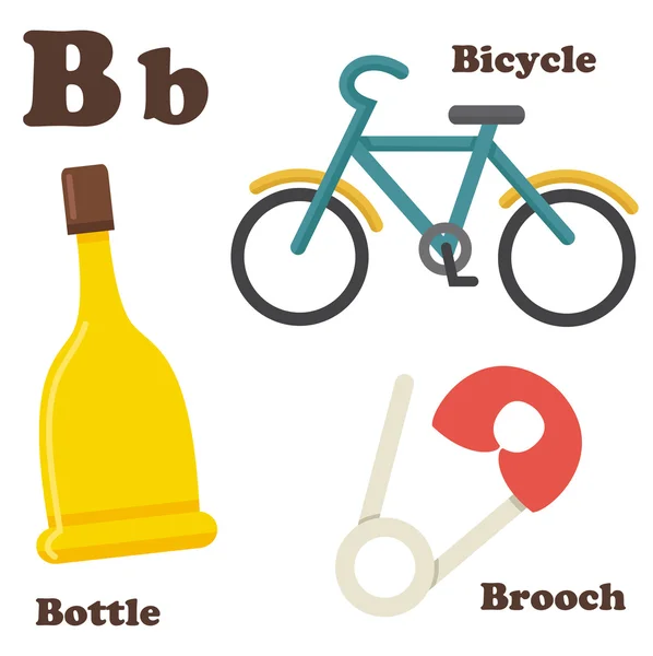 Alphabet B letter.Bottle,Bicycle,Brooch — Stock Vector