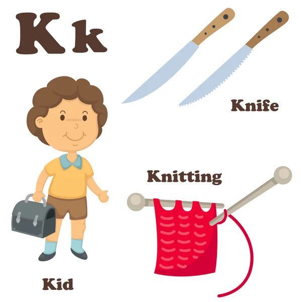 Alfabeto K letter.Knife, Tejer, Niño — Archivo Imágenes Vectoriales