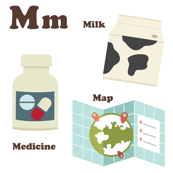 Alphabet M letter.Map, Medicine, Milk — стоковый вектор