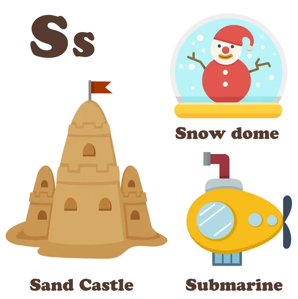 Alphabet S letter.Sand Castle,Snow Dome,Submarine — Stock Vector