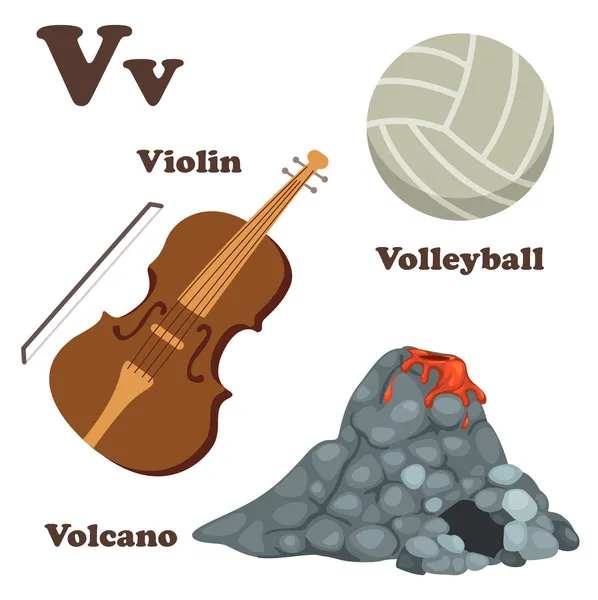 Alfabeto V letter.Vulcano, Voleibol, Violino — Vetor de Stock
