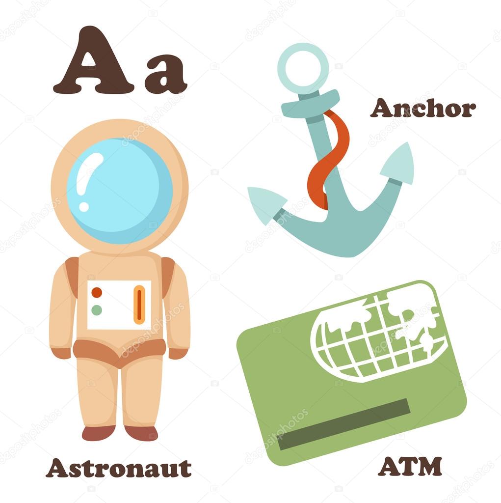 Alphabet A letter. Astronaut,Atm,Anchor
