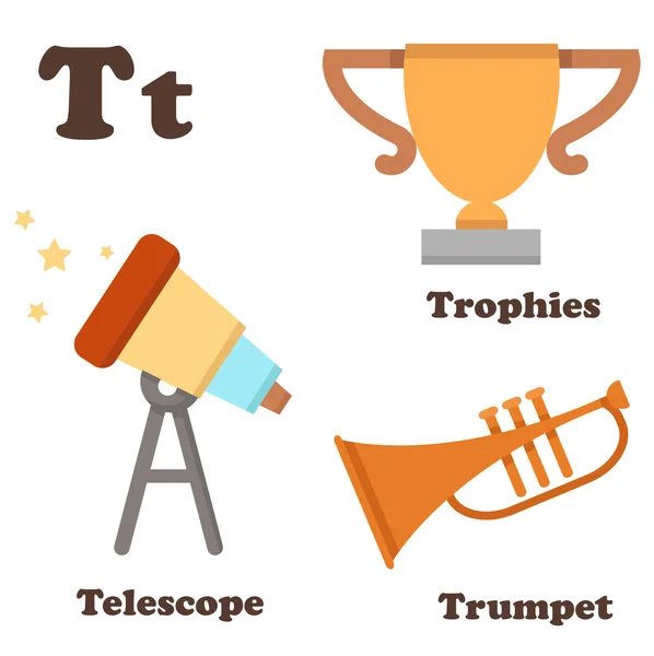 Alphabet T letter.Telescope,Trophies,Trumpet — Stock Vector