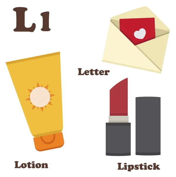 Alphabet L letter.Letter,Lipstick,Lotion — Stock Vector