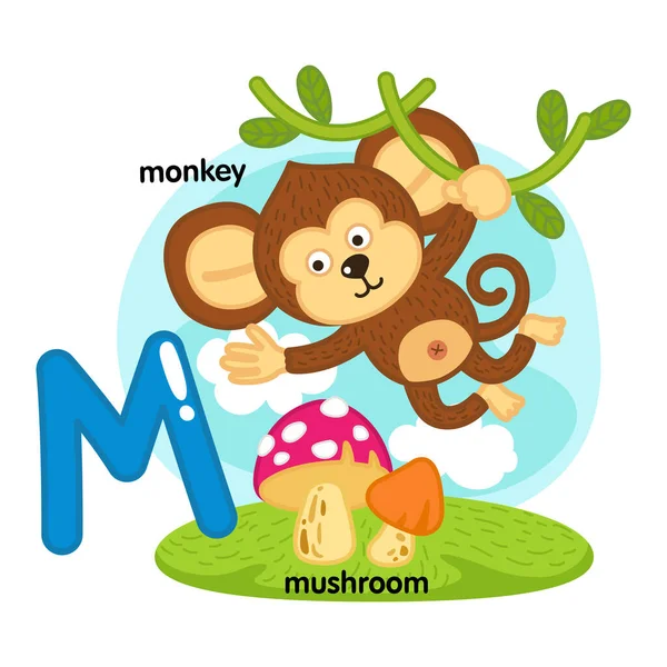 Alphabet Isolated Letter Monkey Mushroom Illustration Vector — Vetor de Stock