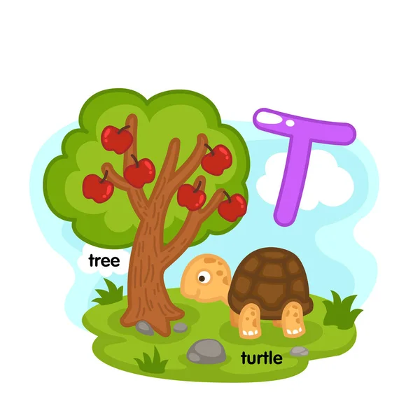 Alphabet Isolated Letter Tree Turtle Illustration Vector — Stockový vektor