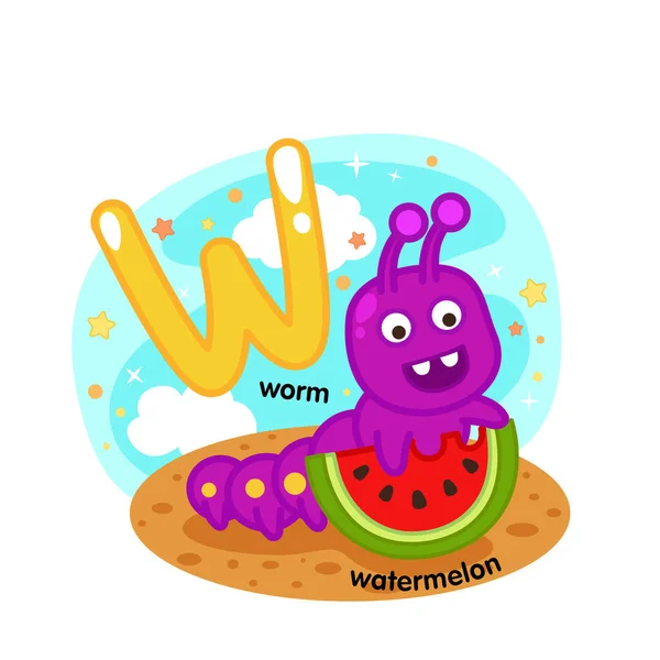 Alphabet Isolated Letter Worm Watermelon Illustration Vector — Stok Vektör
