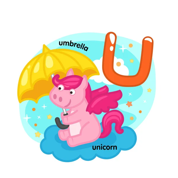 Letra Aislada Del Alfabeto Unicornio Paraguas Ilustración Vector — Vector de stock