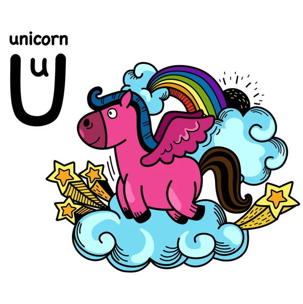 Drawn Alphabet Surat Unicorn - Stok Vektor