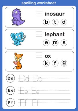 Heceleme çalışması, çizgi film kelime çizimi ile egzersiz, vektör