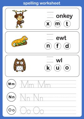 Heceleme çalışması, çizgi film kelime çizimi ile egzersiz, vektör