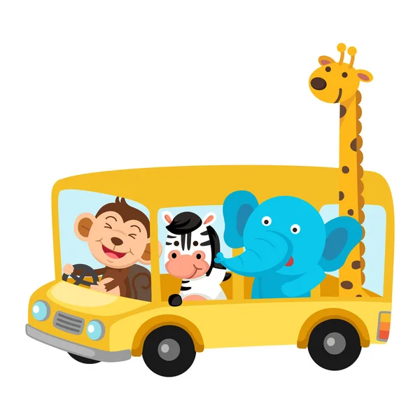 Illustration Des Écoliers Personnage Animal Équitation Autobus Scolaire Transport Éducation — Image vectorielle