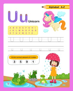 Alfabe Harfi U-Tek boynuzlu at egzersizi karikatür kelime illüstrasyonu, vektör