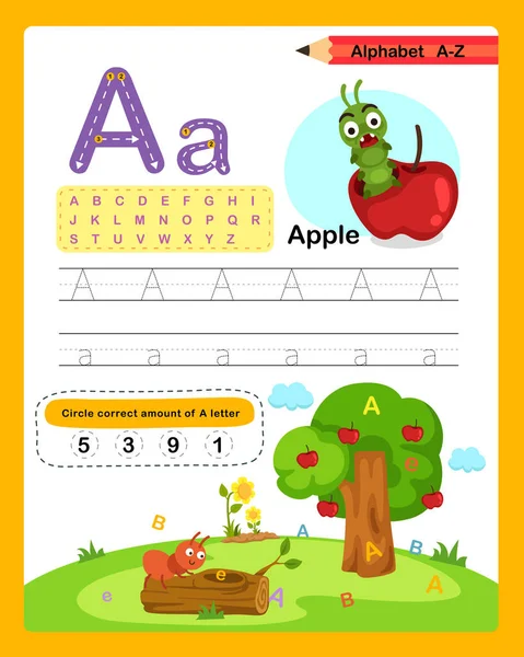 Letra Del Alfabeto Ejercicio Apple Con Ilustración Vocabulario Dibujos Animados — Archivo Imágenes Vectoriales