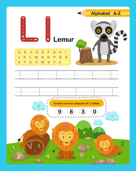 Alfabeto Letra Exercício Lêmur Com Ilustração Vocabulário Desenho Animado Vetor — Vetor de Stock