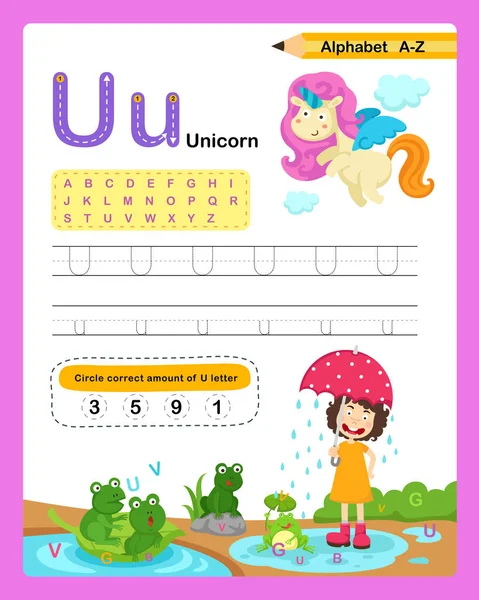 Letra Del Alfabeto Ejercicio Unicornio Con Ilustración Vocabulario Dibujos Animados — Archivo Imágenes Vectoriales