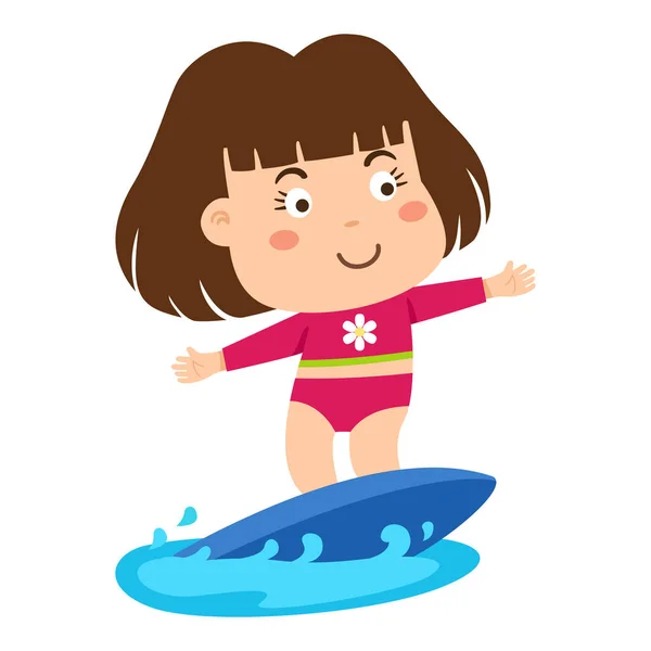 Surfista Menina Montando Uma Prancha Vetor Ilustração — Vetor de Stock