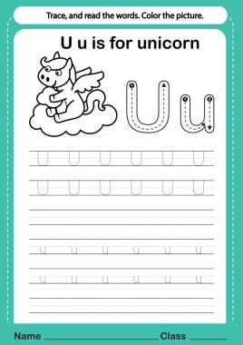 Çizgi roman illüstrasyonu için çizgi film kelime dağarcığı ile alfabe u alıştırması, vektör