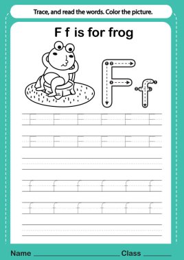 Renklendirme kitabı illüstrasyonu için çizgi film kelime dağarcığıyla f alfabesi alıştırması, vektör