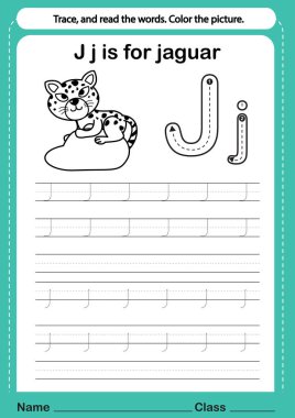 Renklendirme kitabı illüstrasyonu için çizgi film kelime dağarcığı ile alfabe j alıştırması, vektör