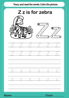 Çizgi roman illüstrasyonu için çizgi film kelime dağarcığıyla alfabe z alıştırması, vektör