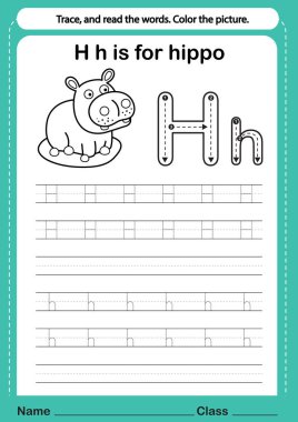 Çizgi roman illüstrasyonu için çizgi film kelime dağarcığı ile alfabe h alıştırması, vektör