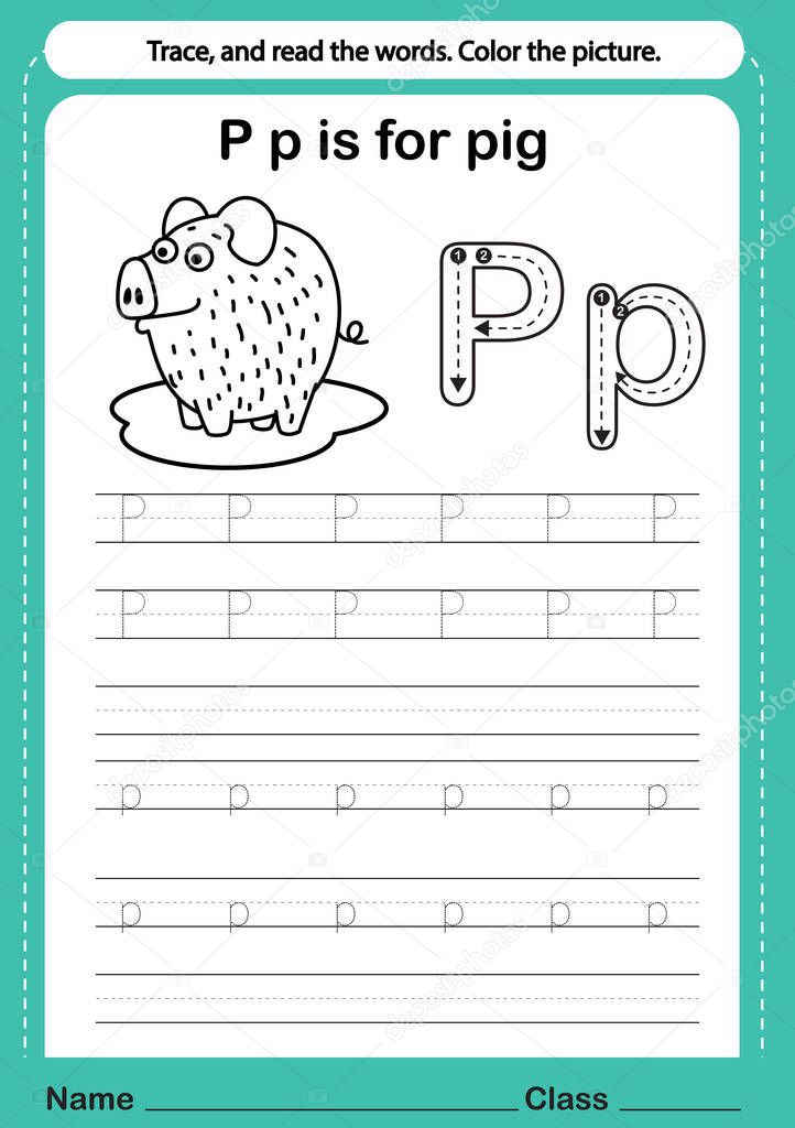 Alphabet p exercise with cartoon vocabulary for coloring book illustration, vector