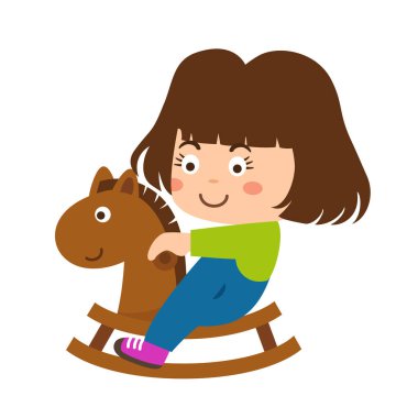 Gülen tatlı kız sallanan ata biniyor.