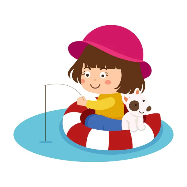 Happy Little Kid Fishing Vector Illustration — Stock Vector