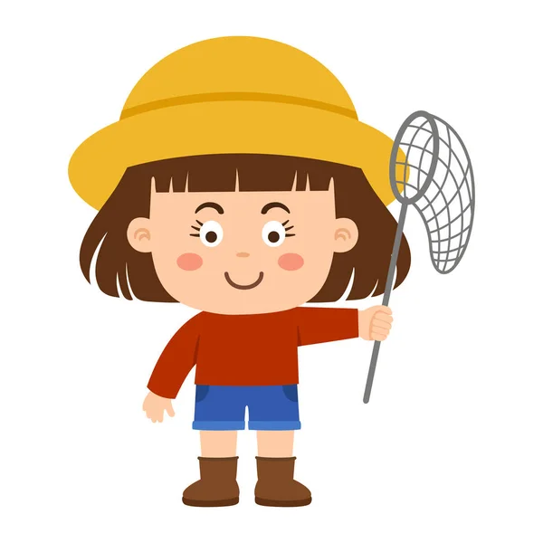 Happy Cute Kids Girl Catch Bug Vector — Stock Vector