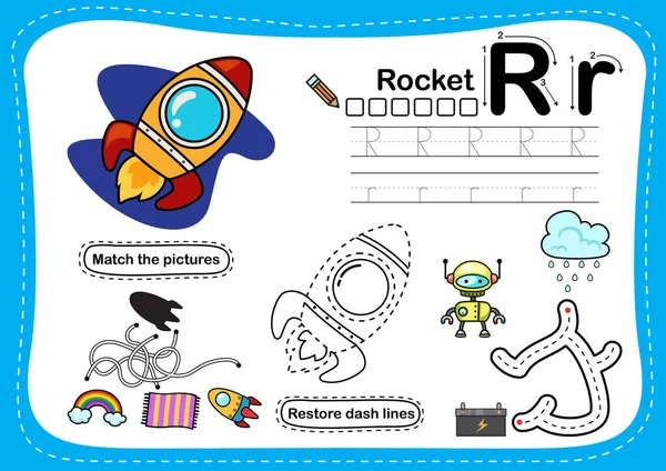 Alphabet Buchstabe Raketenübung Mit Cartoon Vokabular Illustration Vektor — Stockvektor