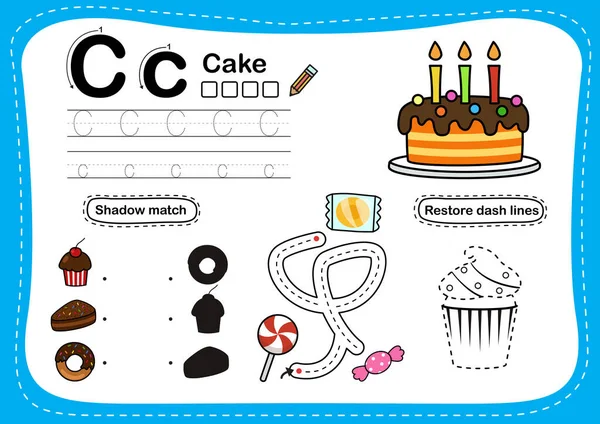 Alphabet Lettre Exercice Gâteau Avec Illustration Vocabulaire Bande Dessinée Vecteur — Image vectorielle