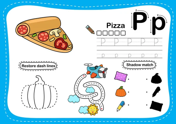 Letra Del Alfabeto Ejercicio Pizza Con Ilustración Vocabulario Dibujos Animados — Archivo Imágenes Vectoriales