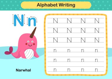 Harf N - Denizgergedanı alıştırması karikatür kelime çizimi, vektör