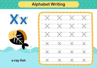 Harf X - X-ray balık egzersizi karikatür kelime illüstrasyonu, vektör