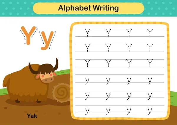 Alphabet Lettre Exercice Yak Avec Illustration Vocabulaire Bande Dessinée Vecteur — Image vectorielle