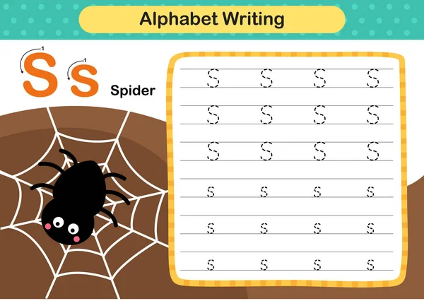 Písmeno Spider Cvičení Kreslenou Slovní Zásobou Ilustrace Vektor — Stockový vektor