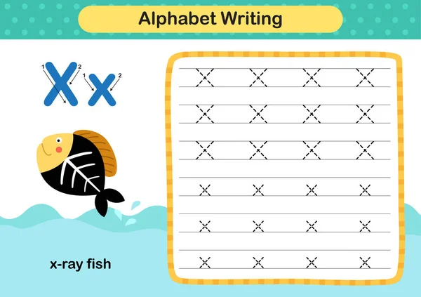 字母X X射线鱼练习 附有卡通词汇图解 — 图库矢量图片