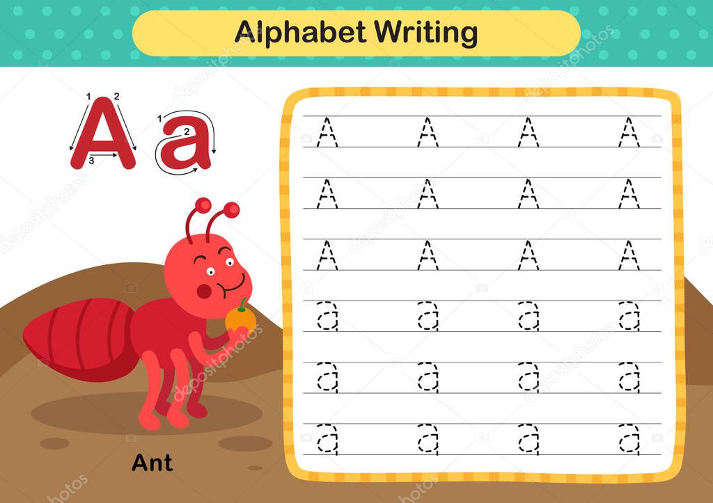 Alphabet Letter  A - Ant exercise with cartoon vocabulary illustration, vector