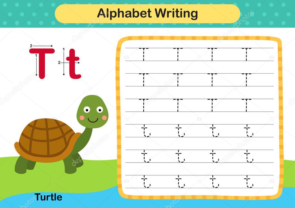 Alphabet Letter  T- Turtle exercise with cartoon vocabulary illustration, vector